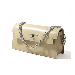 side of Box Calf Leather Crossbody Bag with Metal Chain Beige