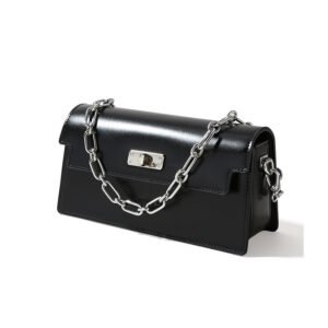 side of Box Calf Leather Crossbody Bag with Metal Chain Black