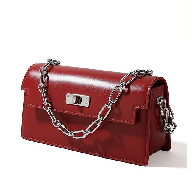 front of Box Calf Leather Crossbody Bag with Metal Chain Red