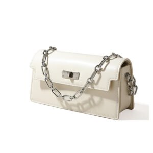front of Box Calf Leather Crossbody Bag with Metal Chain White