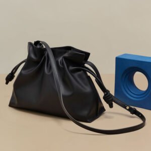 leather strap of Drawstring Leather Crossbody Bag Black