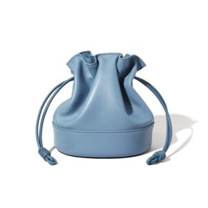 front of Drawstring Leather Small Crossbody Bag Blue