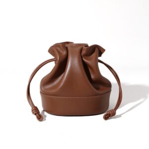 front of Drawstring Leather Small Crossbody Bag Brown