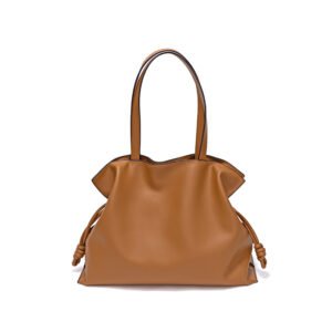 front of Drawstring Leather Tote Bag Brown