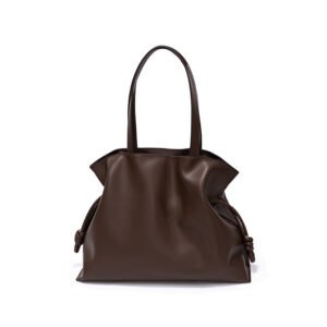 front of Drawstring Leather Tote Bag Chocolate