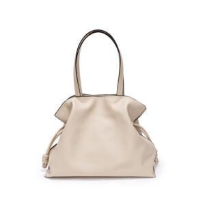 front of Drawstring Leather Tote Bag Offwhite