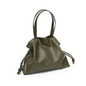 side of Drawstring Leather Tote Bag Olive