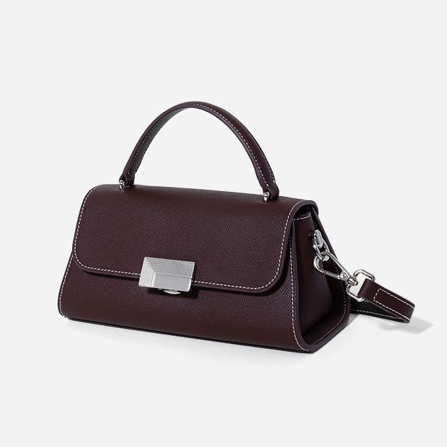 right side of Epsom Leather Crossbody Bag with White Threads chocolate