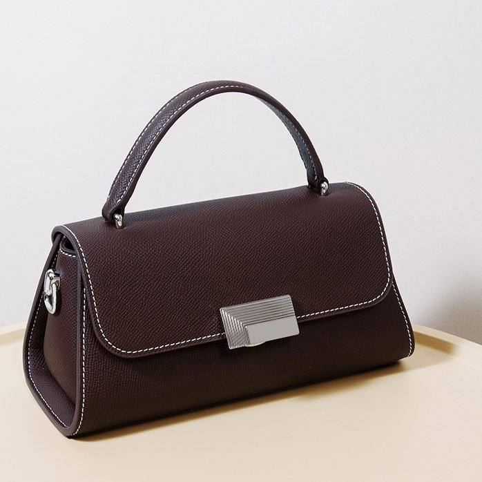 left side of Epsom Leather Crossbody Bag with White Threads chocolate