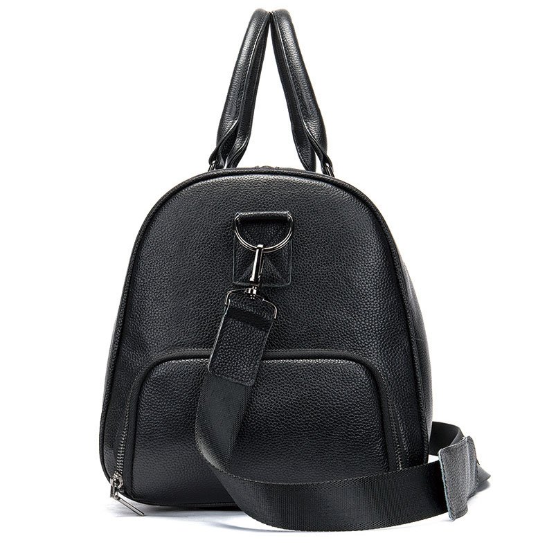 side of Extra Large Leather Duffle Bag with Shoe Compartment Black