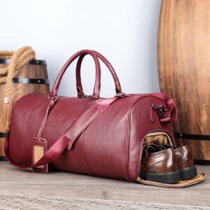 front of Extra Large Leather Duffle Bag with Shoe Compartment Burgundy