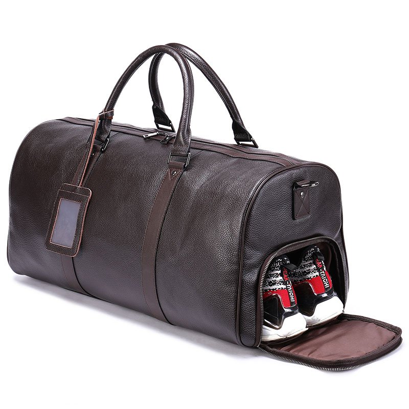 Extra Large Leather Duffle Bag with Shoe Compartment Chocolate - Image 2