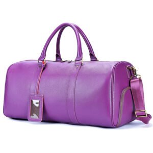 front of Extra Large Leather Duffle Bag with Shoe Compartment Purple
