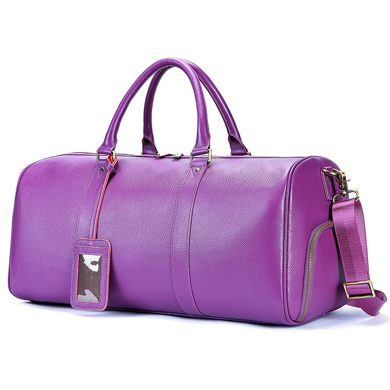 front of Extra Large Leather Duffle Bag with Shoe Compartment Purple