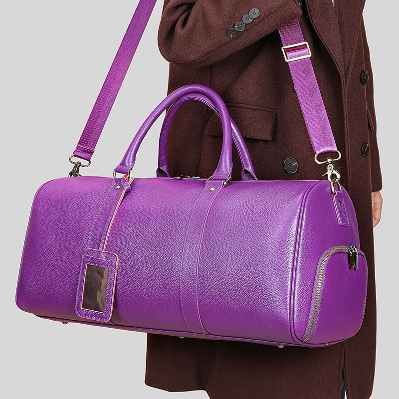 Extra Large Leather Duffle Bag with Shoe Compartment Purple carrying on shoulder