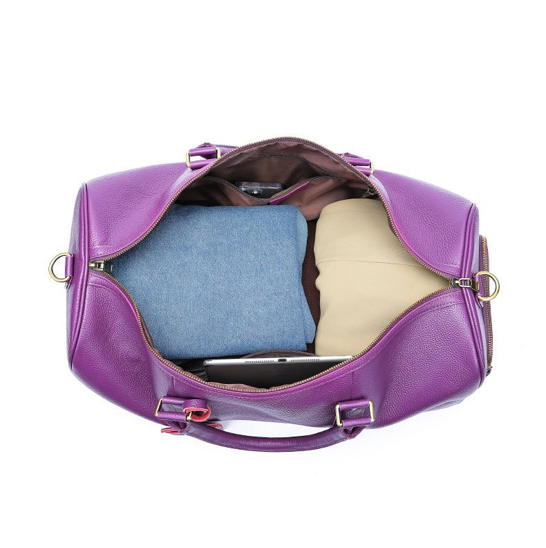 inside of Extra Large Leather Duffle Bag with Shoe Compartment Purple