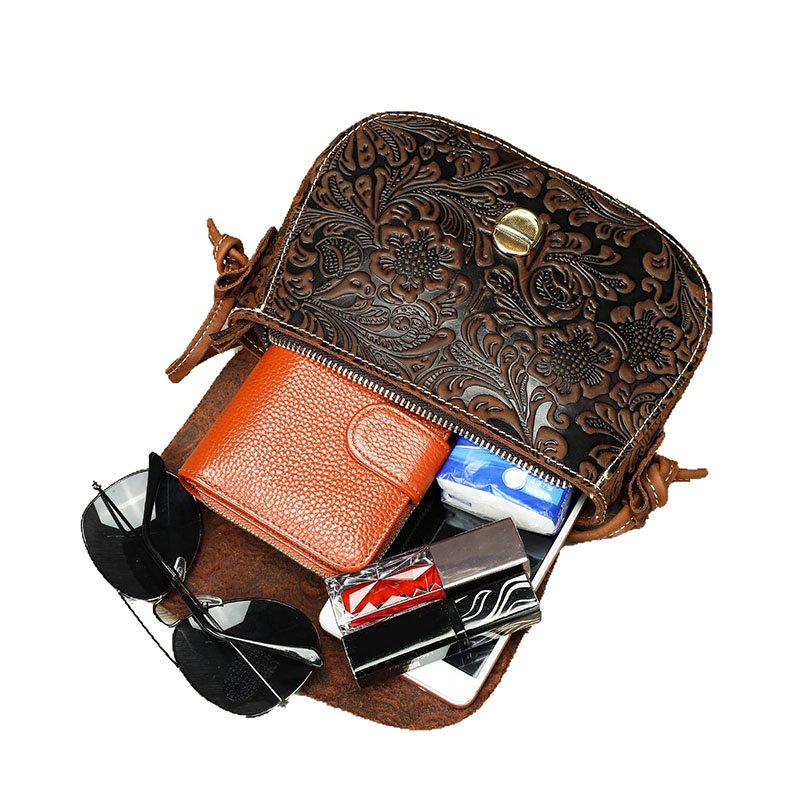 capacity of Floral Embossed Leather Small Crossbody Bag Brown