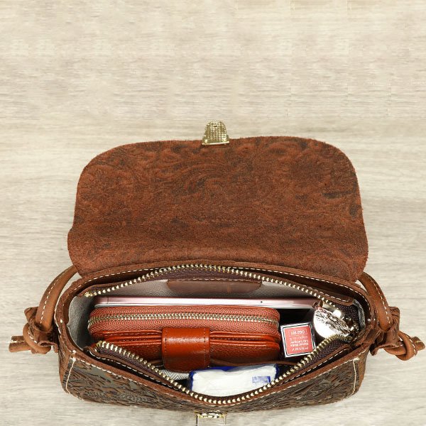 inside of Floral Embossed Leather Small Crossbody Bag Brown