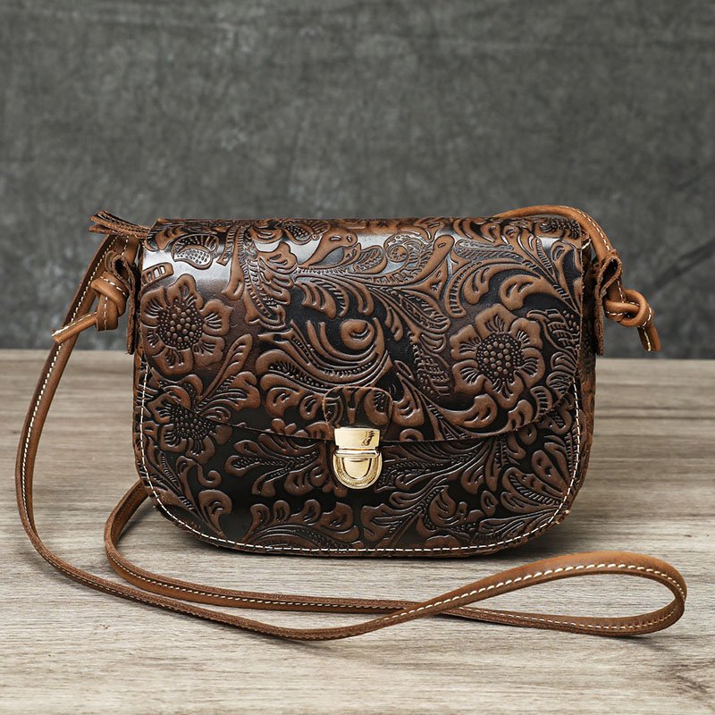 front of Floral Embossed Leather Small Crossbody Bag Brown