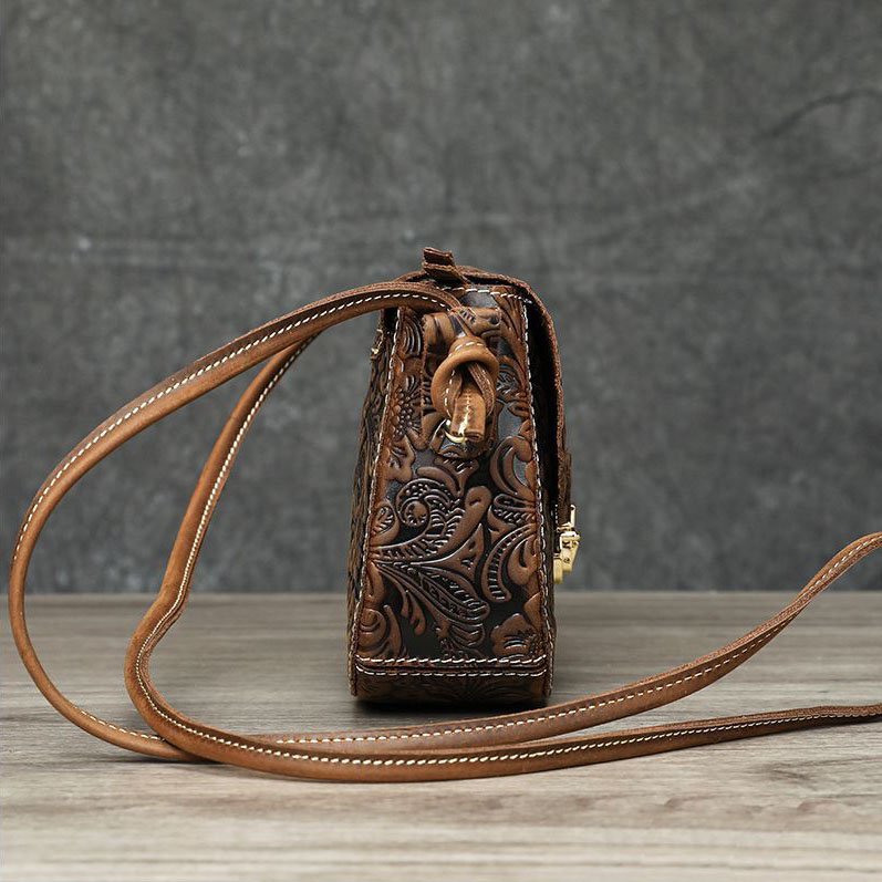 side of Floral Embossed Leather Small Crossbody Bag Brown