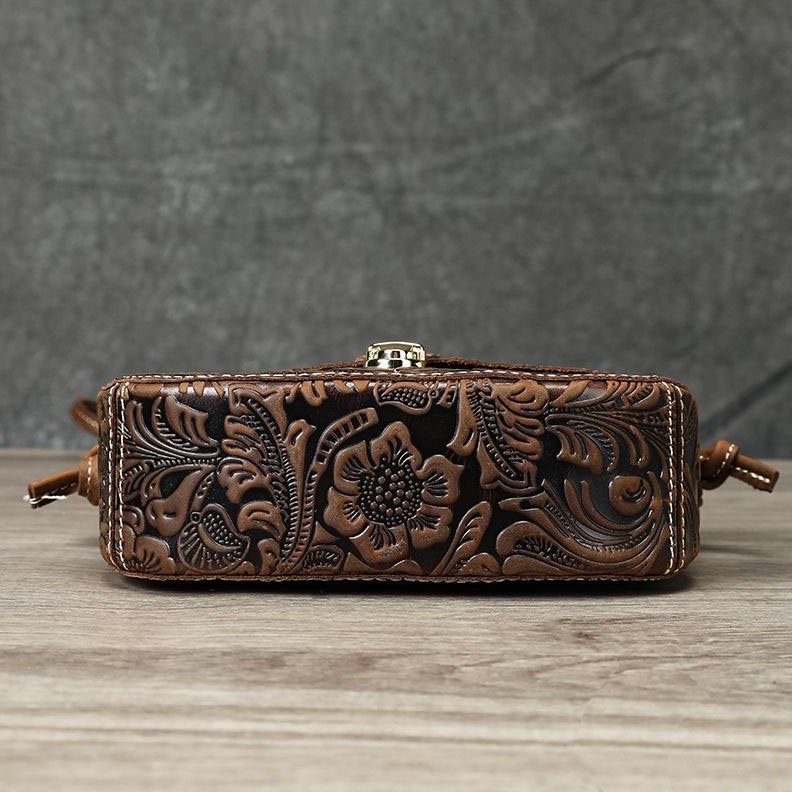 bottom of Floral Embossed Leather Small Crossbody Bag Brown