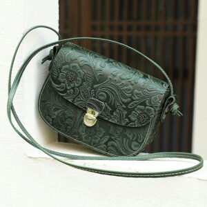 Floral Embossed Leather Small Crossbody Bag Green on the window