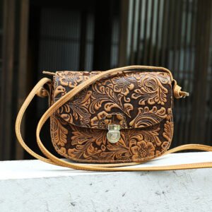 front of Floral Embossed Leather Small Crossbody Bag Tan