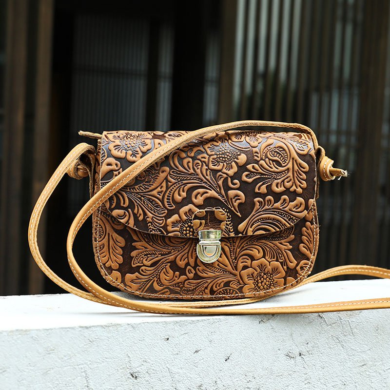 front of Floral Embossed Leather Small Crossbody Bag Tan