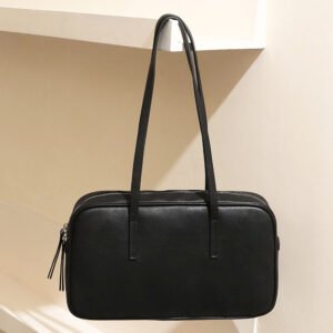 front of Full Grain Leather Bowling Bag with Long Handle Black