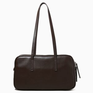 front of Full Grain Leather Bowling Bag with Long Handle Brown