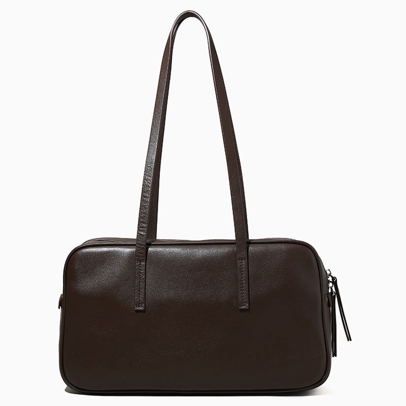 front of Full Grain Leather Bowling Bag with Long Handle Brown