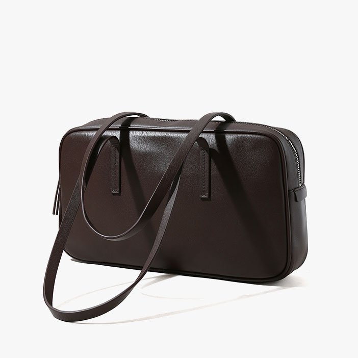 back of Full Grain Leather Bowling Bag with Long Handle Brown