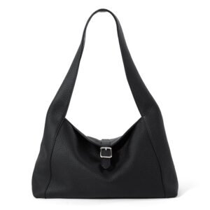 front of Full Grain Leather Hobo Bag with Small Flap Black