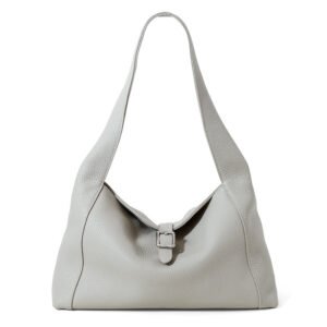 front of Full Grain Leather Hobo Bag with Small Flap Grey