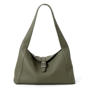 front of Full Grain Leather Hobo Bag with Small Flap Olive