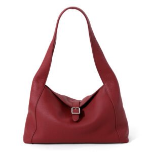 front of Full Grain Leather Hobo Bag with Small Flap Red