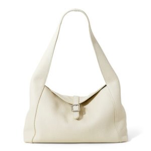 front of Full Grain Leather Hobo Bag with Small Flap white
