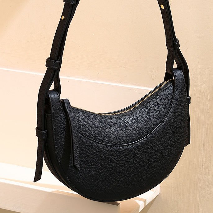 front of Full Grain Leather Saddle Bag with Top Strap Holder Black