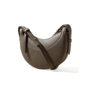 side of Full Grain Leather Saddle Bag with Top Strap Holder Taupe