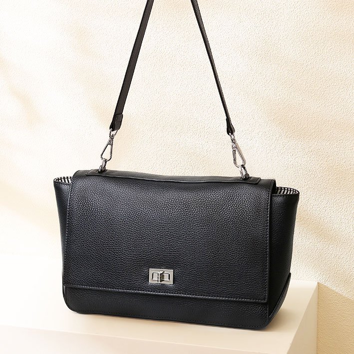 side of Full Grain Leather Shoulder Bag Black