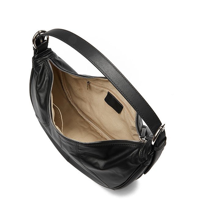 inside of Full Grain Leather Shoulder Bag in Moon Shape Black