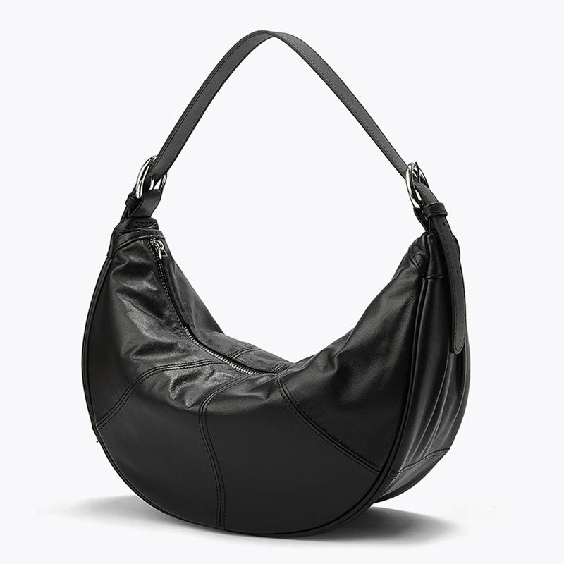 side of Full Grain Leather Shoulder Bag in Moon Shape Black