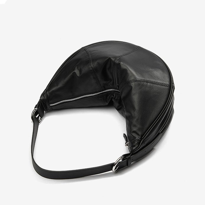 strap of Full Grain Leather Shoulder Bag in Moon Shape Black