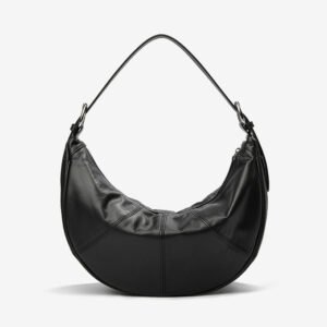 front of Full Grain Leather Shoulder Bag in Moon Shape Black