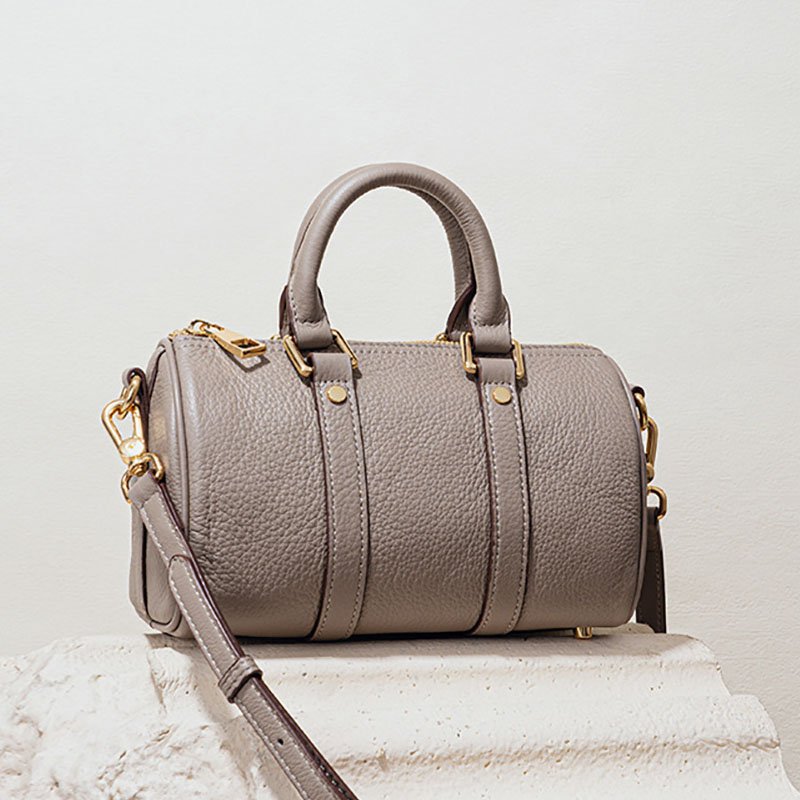 back of Full Grain Leather Small Boston Bag Grey