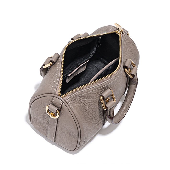 inside of Full Grain Leather Small Boston Bag Grey