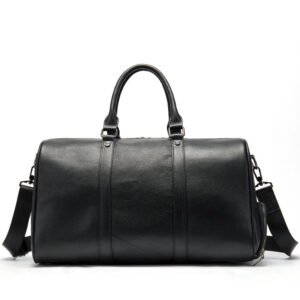 front of Large Leather Duffle Bag with Shoe Compartment Black