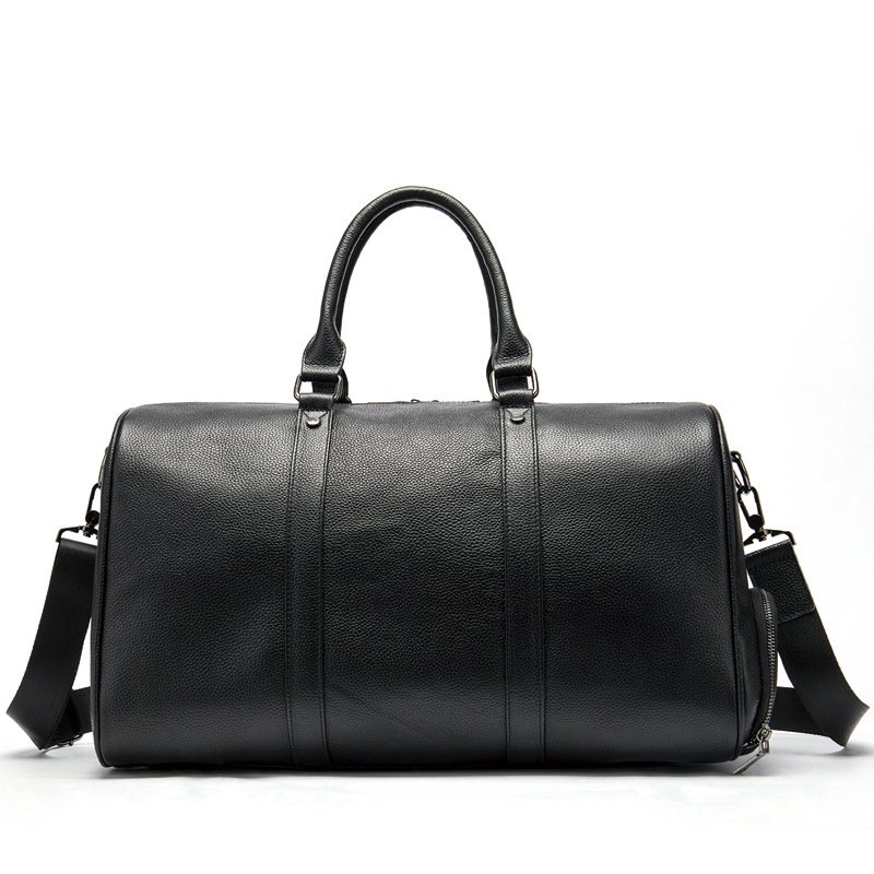 front of Large Leather Duffle Bag with Shoe Compartment Black
