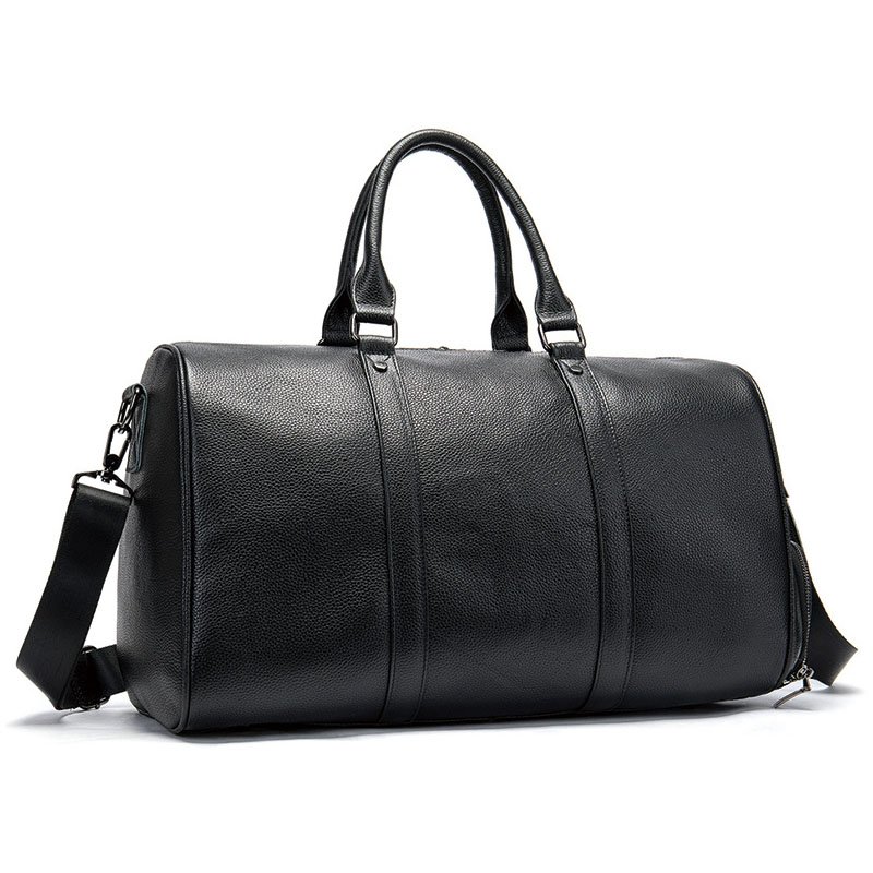 back side of Large Leather Duffle Bag with Shoe Compartment Black