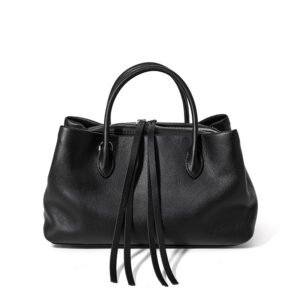 front of Multi Pockets Leather Satchel with Top Handles Black